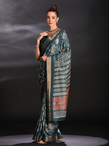 Women's Silk Blend Teal blue Printed Designer Saree With Blouse Piece