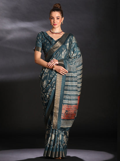 Women's Silk Blend Teal blue Printed Designer Saree With Blouse Piece