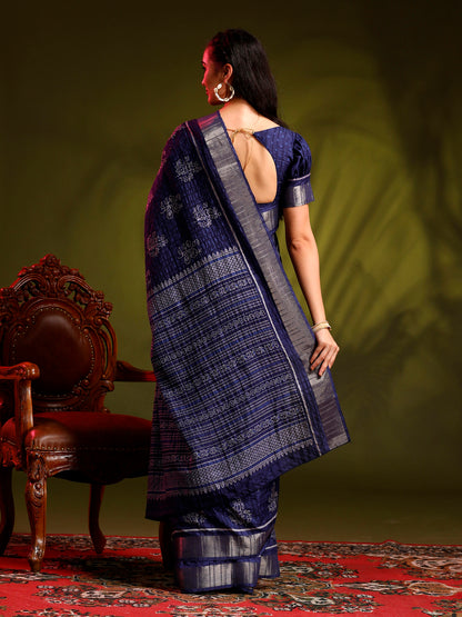 Women's Silk Blend Navy Blue Printed Designer Saree With Blouse Piece