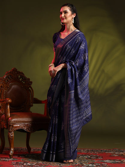 Women's Silk Blend Navy Blue Printed Designer Saree With Blouse Piece