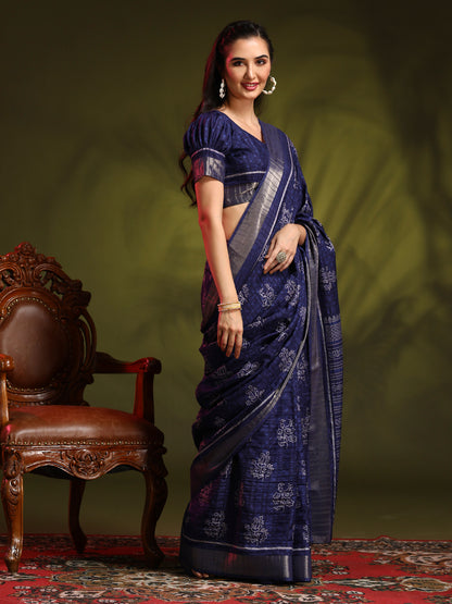 Women's Silk Blend Navy Blue Printed Designer Saree With Blouse Piece