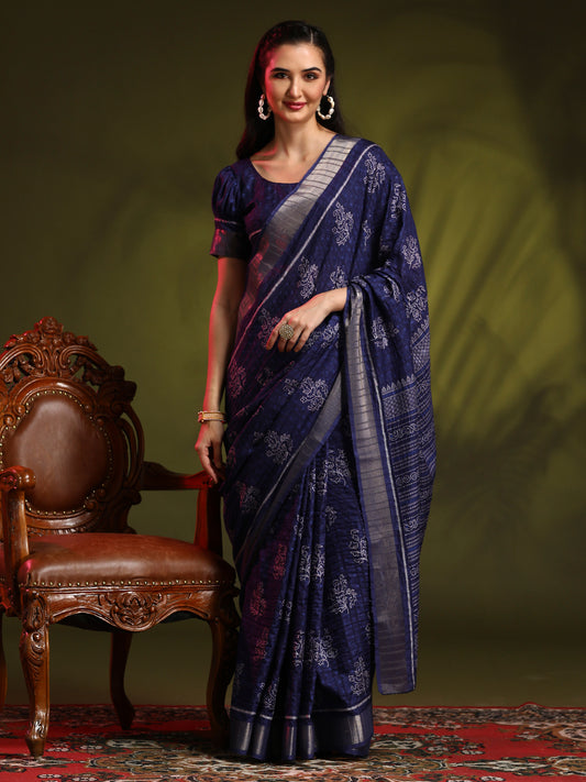 Women's Silk Blend Navy Blue Printed Designer Saree With Blouse Piece