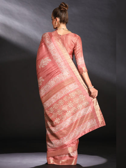Women's Silk Blend Peach Printed Designer Saree With Blouse Piece