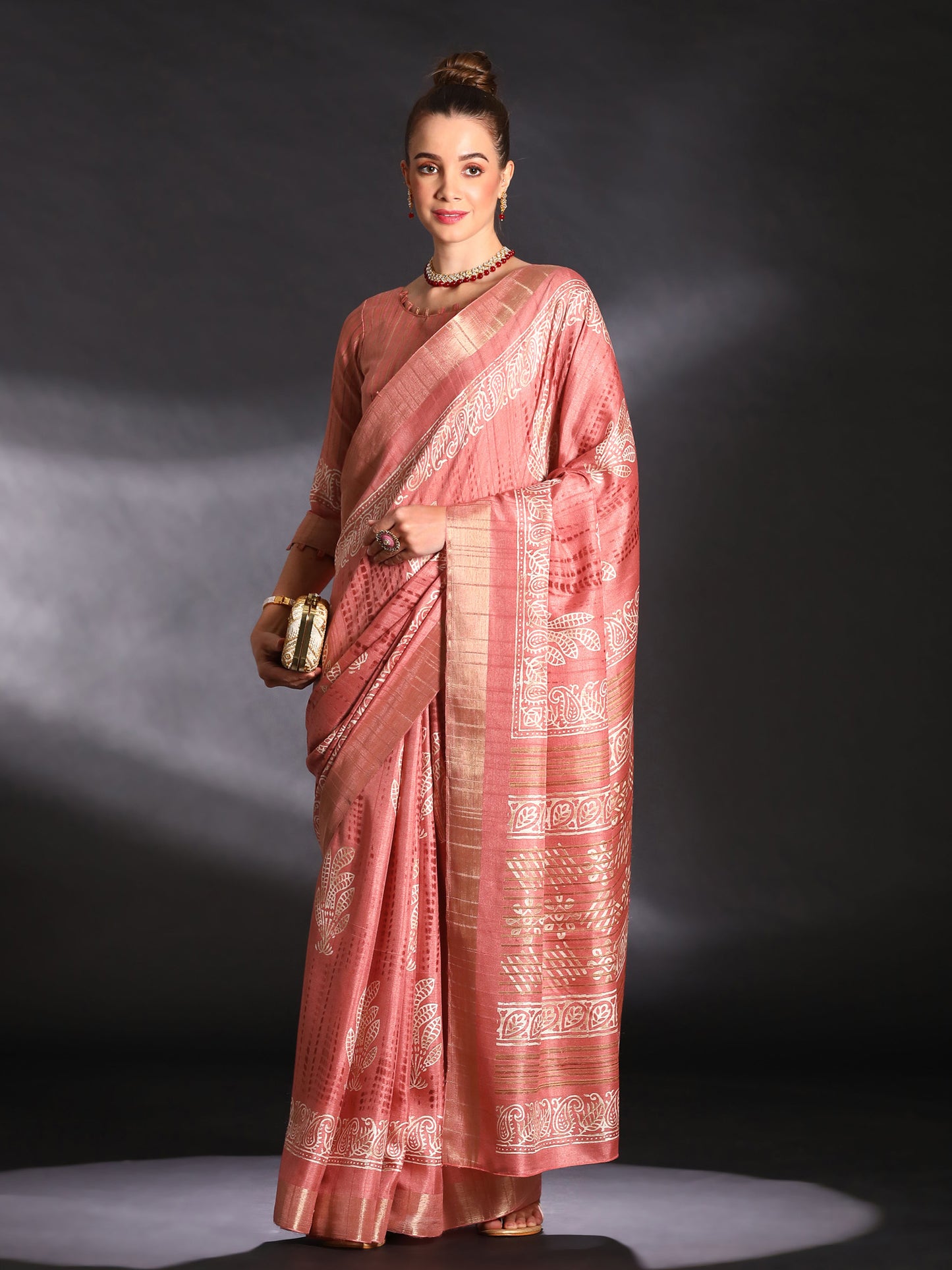 Women's Silk Blend Peach Printed Designer Saree With Blouse Piece