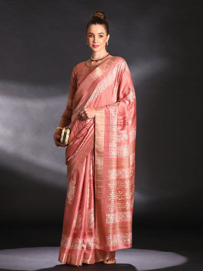 Women's Silk Blend Peach Printed Designer Saree With Blouse Piece