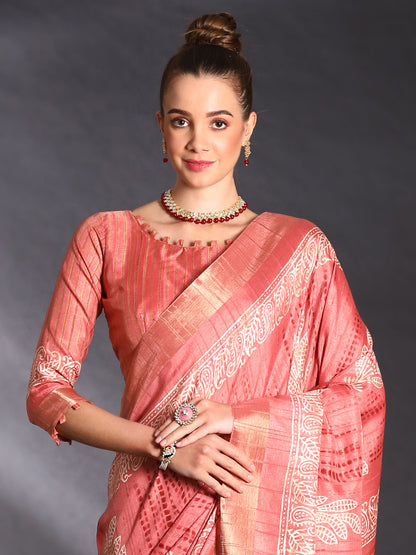 Women's Silk Blend Peach Printed Designer Saree With Blouse Piece