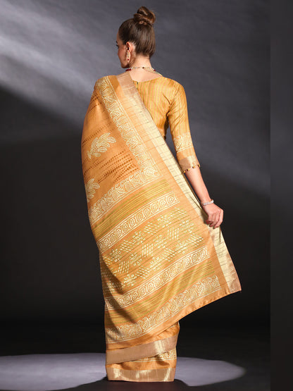Women's Silk Blend Yellow Printed Designer Saree With Blouse Piece