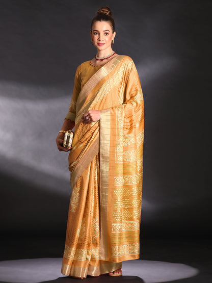 Women's Silk Blend Yellow Printed Designer Saree With Blouse Piece