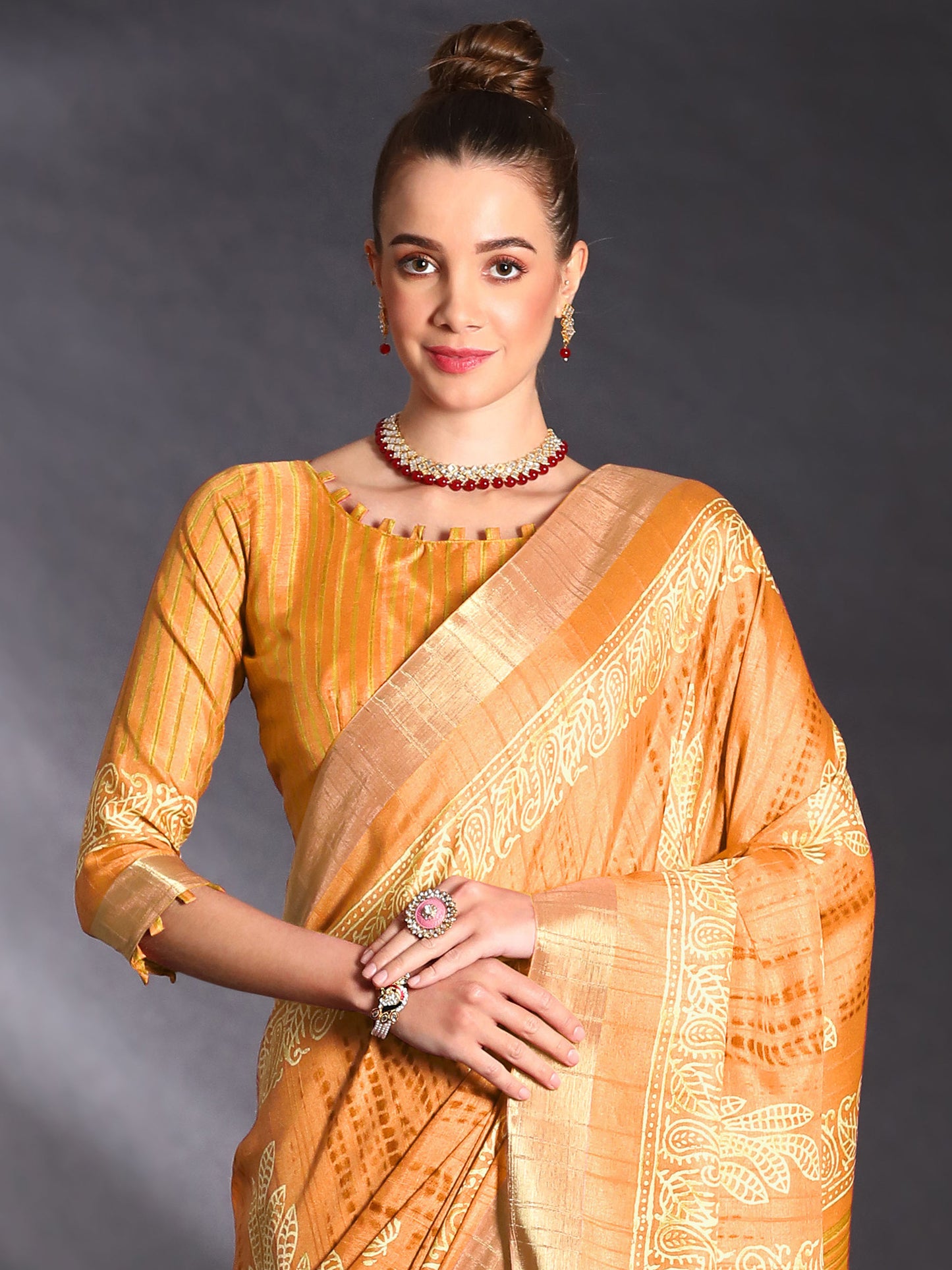 Women's Silk Blend Yellow Printed Designer Saree With Blouse Piece