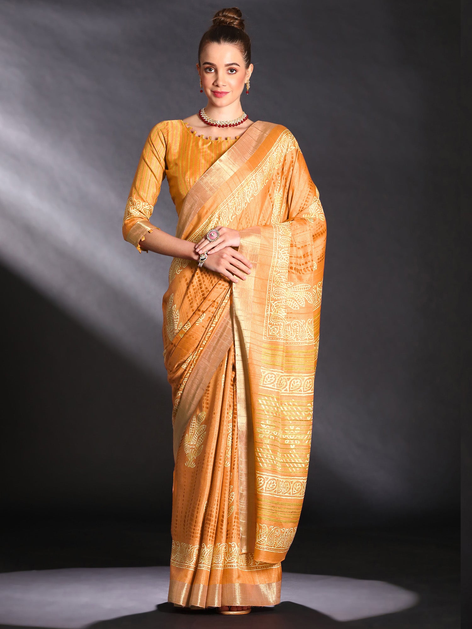 Women's Silk Blend Yellow Printed Designer Saree With Blouse Piece