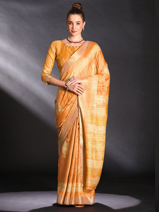 Women's Silk Blend Yellow Printed Designer Saree With Blouse Piece
