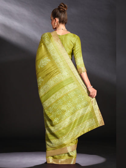 Women's Silk Blend Light Green Printed Designer Saree With Blouse Piece