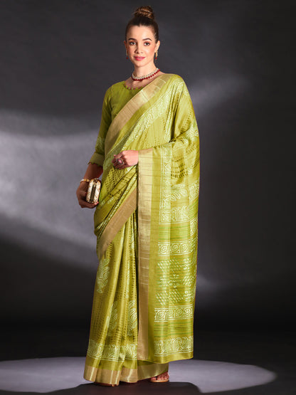Women's Silk Blend Light Green Printed Designer Saree With Blouse Piece