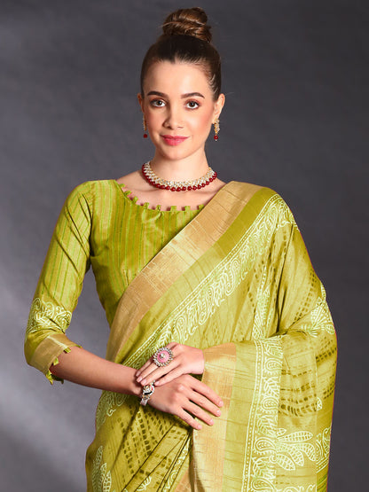Women's Silk Blend Light Green Printed Designer Saree With Blouse Piece