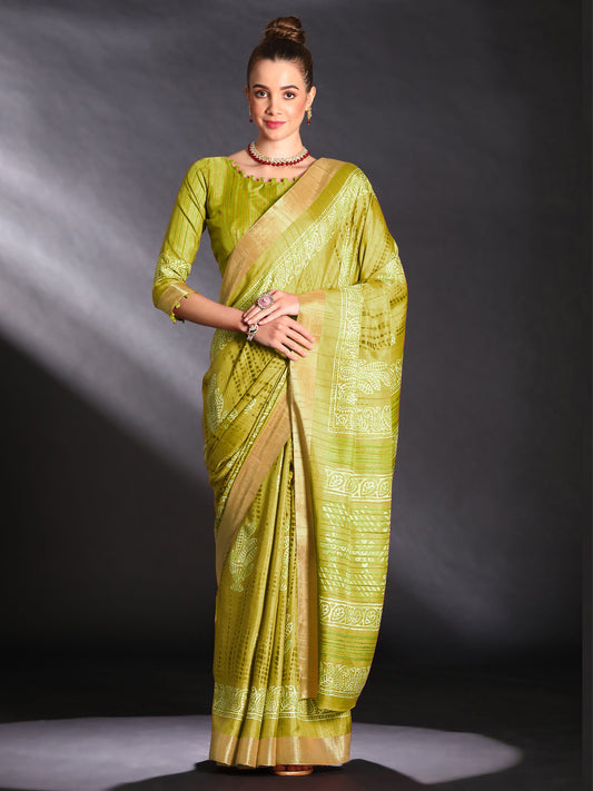 Women's Silk Blend Light Green Printed Designer Saree With Blouse Piece