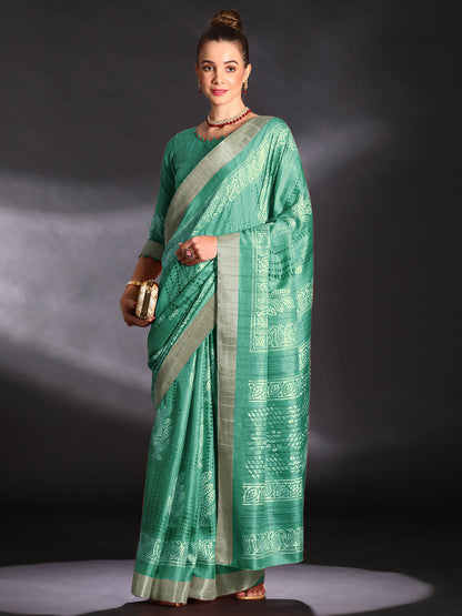 Women's Silk Blend Sea Green Printed Designer Saree With Blouse Piece