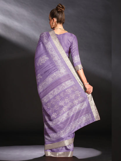 Women's Silk Blend Lavendar Printed Designer Saree With Blouse Piece