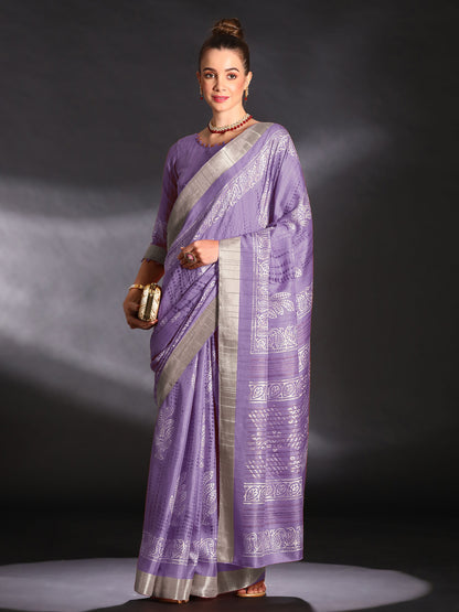 Women's Silk Blend Lavendar Printed Designer Saree With Blouse Piece