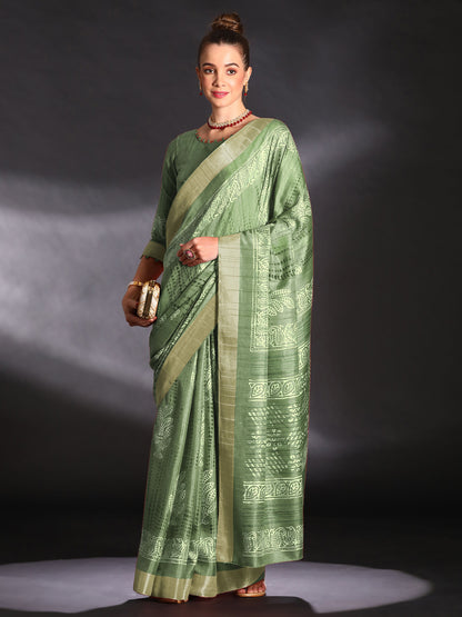 Women's Silk Blend Olive Printed Designer Saree With Blouse Piece