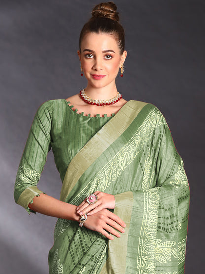 Women's Silk Blend Olive Printed Designer Saree With Blouse Piece