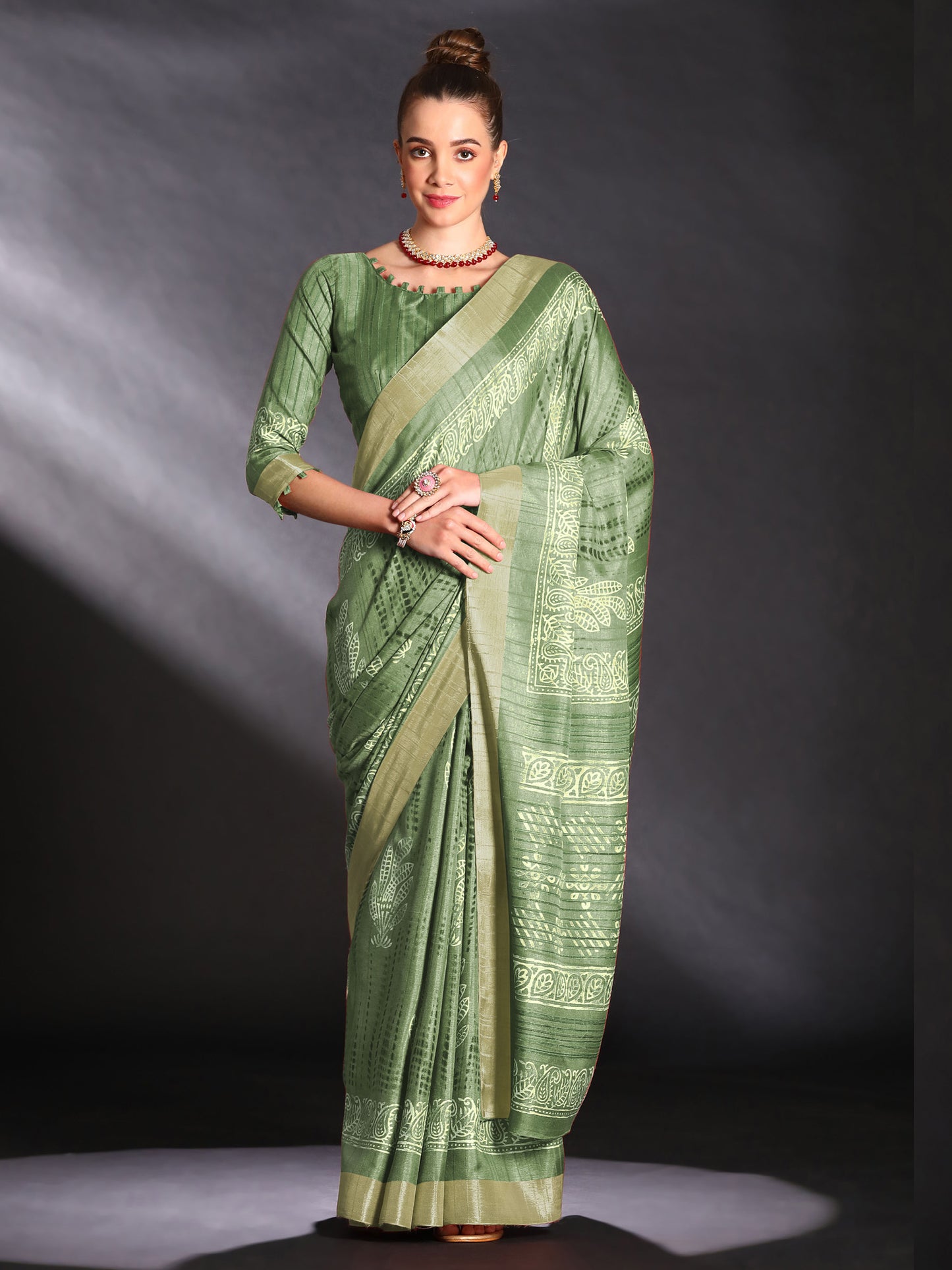 Women's Silk Blend Olive Printed Designer Saree With Blouse Piece