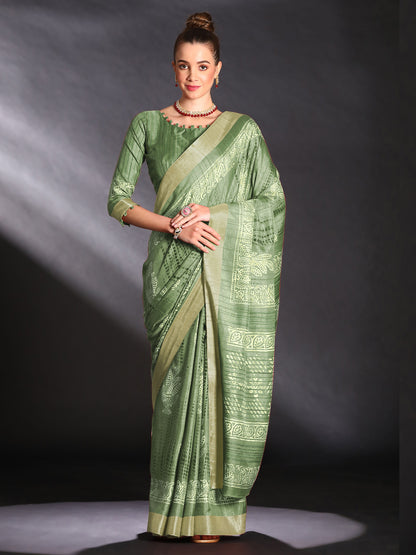 Women's Silk Blend Olive Printed Designer Saree With Blouse Piece