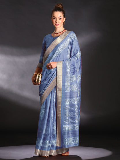 Women's Silk Blend Blue Printed Designer Saree With Blouse Piece