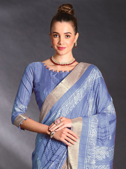 Women's Silk Blend Blue Printed Designer Saree With Blouse Piece