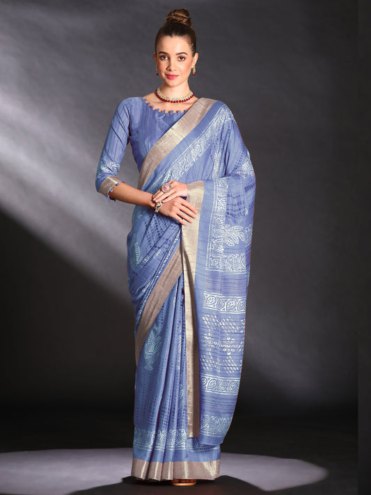 Women's Silk Blend Blue Printed Designer Saree With Blouse Piece