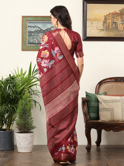 Women's Silk Blend Maroon Printed Designer Saree With Blouse Piece