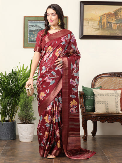 Women's Silk Blend Maroon Printed Designer Saree With Blouse Piece