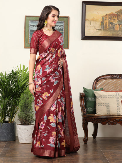 Women's Silk Blend Maroon Printed Designer Saree With Blouse Piece