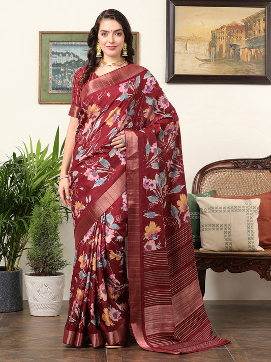 Women's Silk Blend Maroon Printed Designer Saree With Blouse Piece