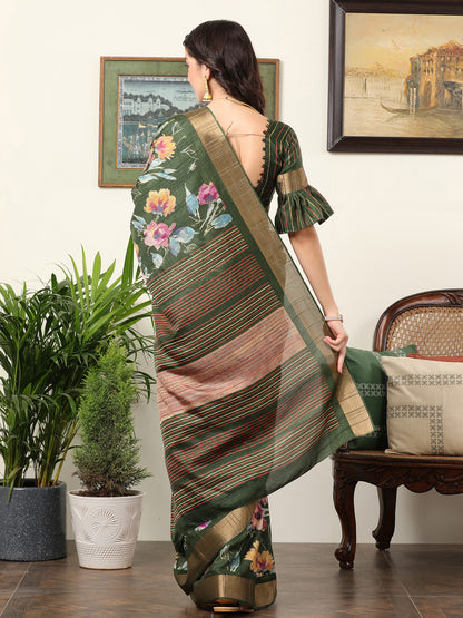 Women's Silk Blend Green Printed Designer Saree With Blouse Piece
