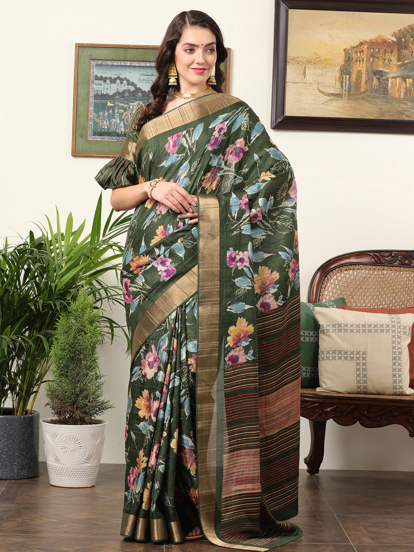 Women's Silk Blend Green Printed Designer Saree With Blouse Piece