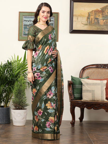 Women's Silk Blend Green Printed Designer Saree With Blouse Piece