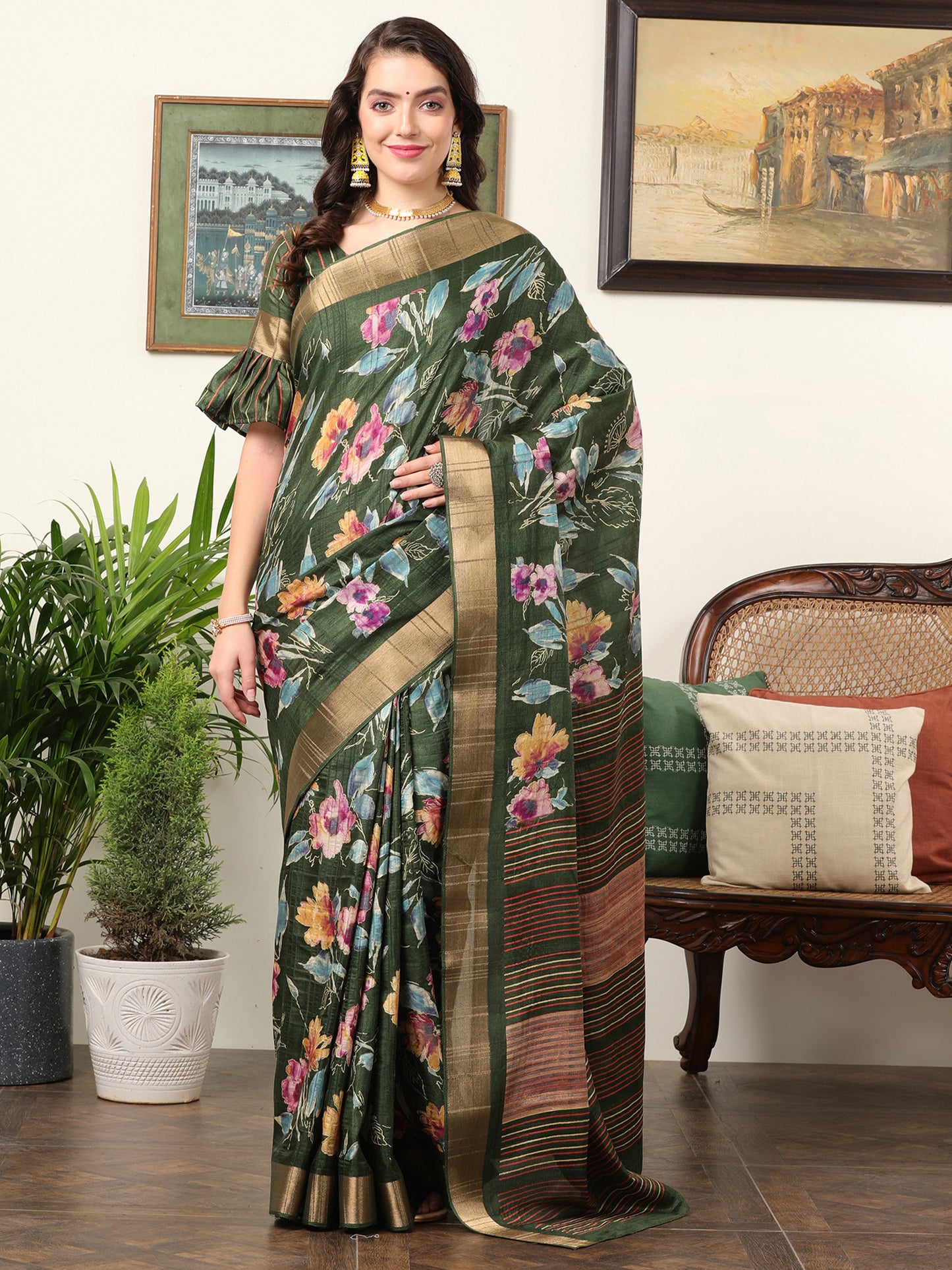 Women's Silk Blend Green Printed Designer Saree With Blouse Piece