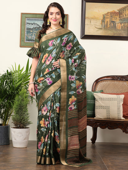 Women's Silk Blend Green Printed Designer Saree With Blouse Piece