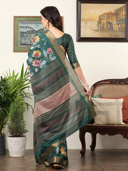 Women's Silk Blend Teal green Printed Designer Saree With Blouse Piece