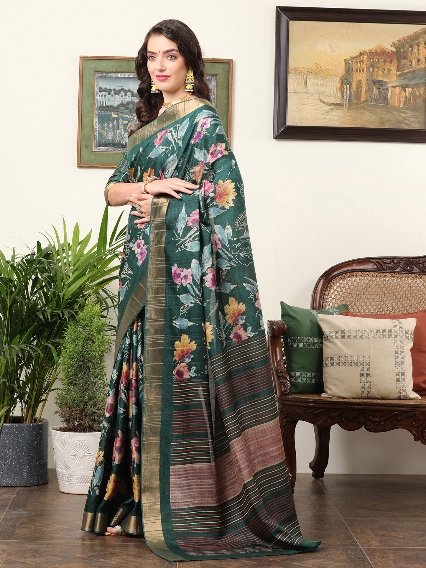 Women's Silk Blend Teal green Printed Designer Saree With Blouse Piece