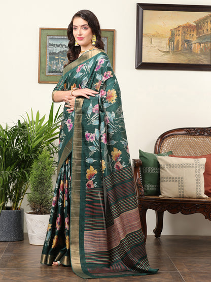 Women's Silk Blend Teal green Printed Designer Saree With Blouse Piece