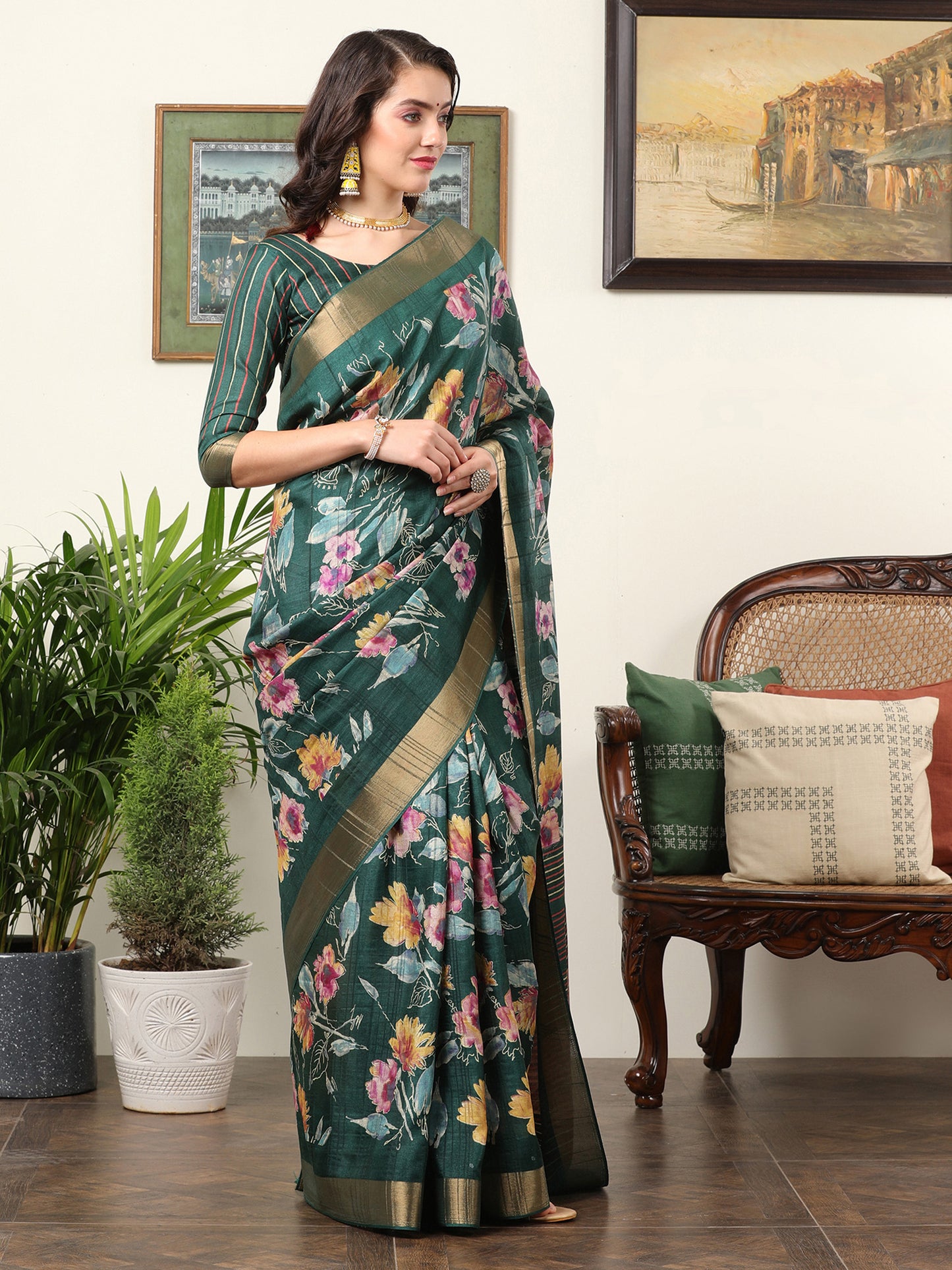 Women's Silk Blend Teal green Printed Designer Saree With Blouse Piece