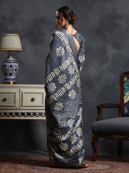 Women's Silk Blend Grey Printed Designer Saree With Blouse Piece