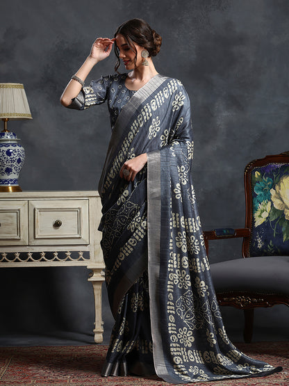 Women's Silk Blend Grey Printed Designer Saree With Blouse Piece