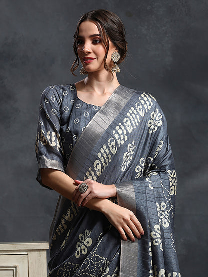 Women's Silk Blend Grey Printed Designer Saree With Blouse Piece
