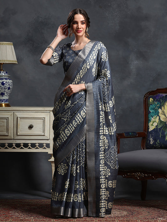 Women's Silk Blend Grey Printed Designer Saree With Blouse Piece