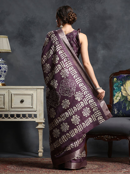 Women's Silk Blend Purple Printed Designer Saree With Blouse Piece