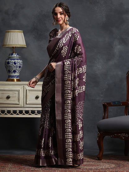 Women's Silk Blend Purple Printed Designer Saree With Blouse Piece