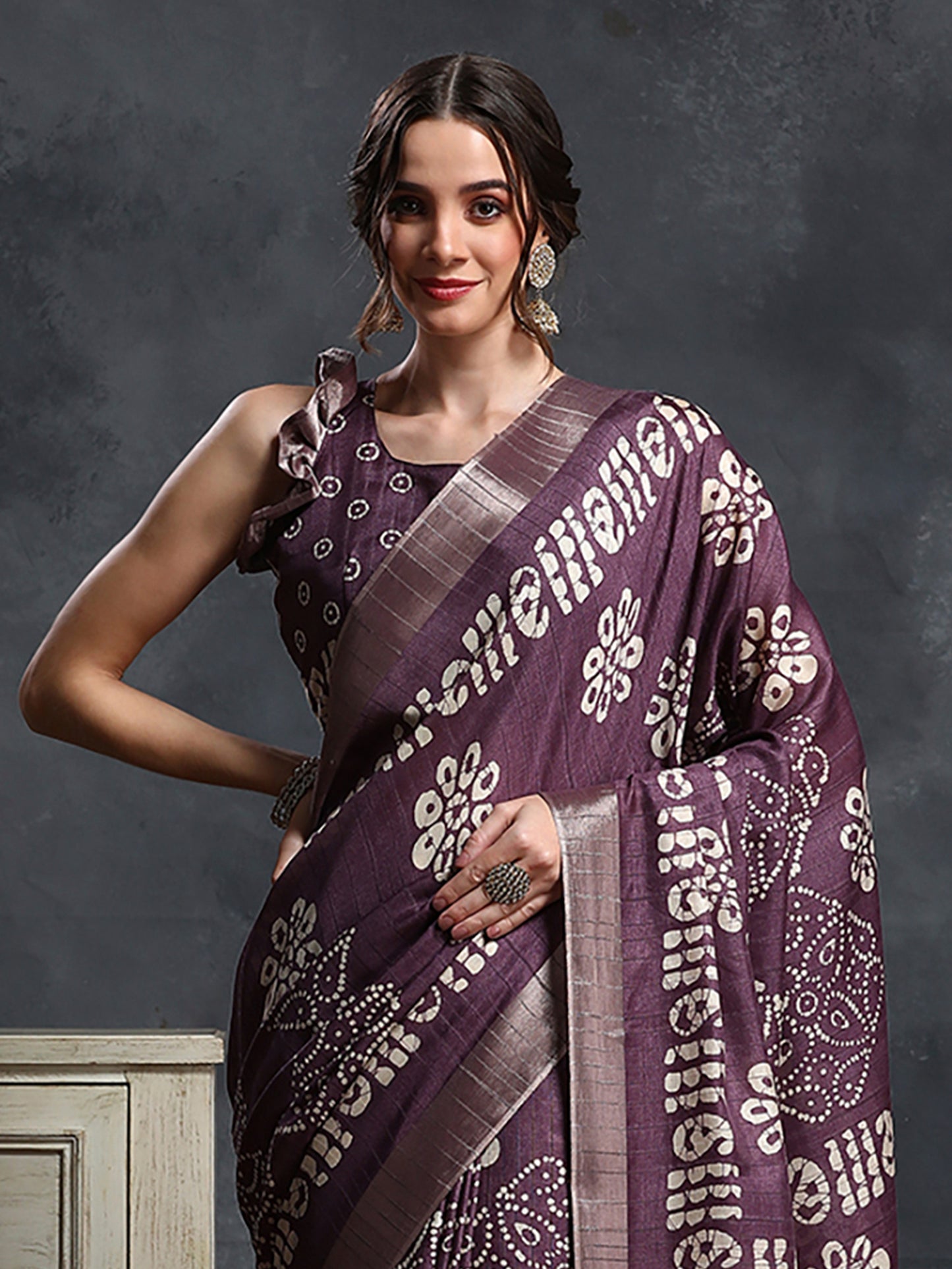 Women's Silk Blend Purple Printed Designer Saree With Blouse Piece