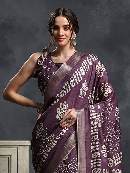 Women's Silk Blend Purple Printed Designer Saree With Blouse Piece